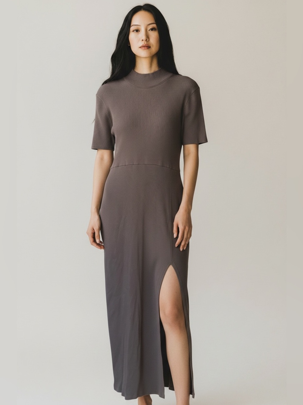 Zara Taupe Short-Sleeve Maxi Dress with Side Slit